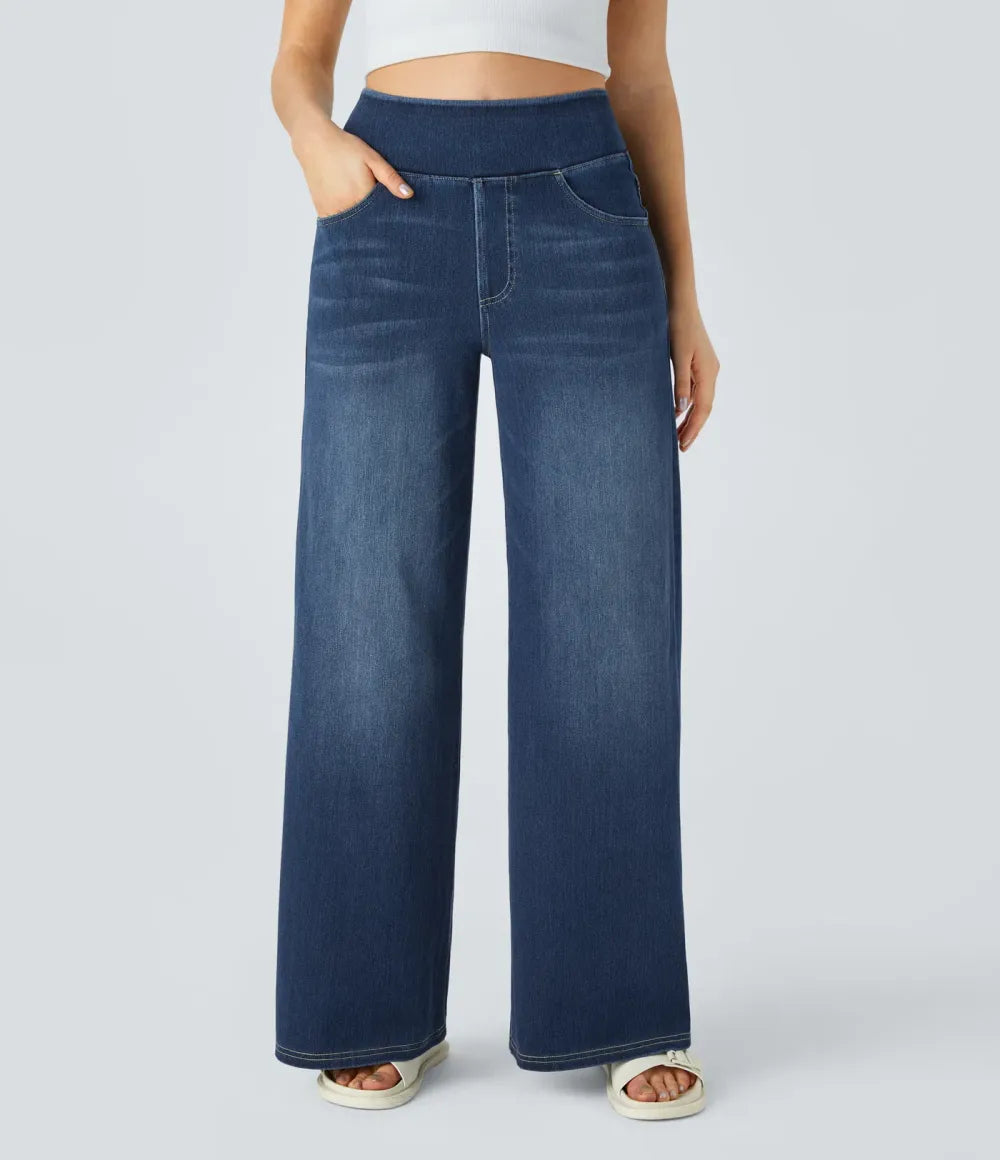 💝Last Day Promotion⚡High Waisted Multiple Pockets Baggy Wide Leg Washed Stretchy Knit Casual Jeans