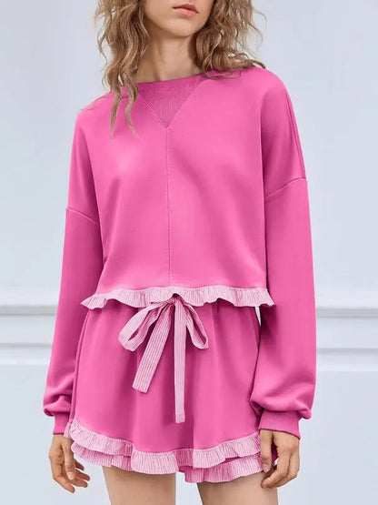 Women's 2 Piece Lounge Sets Ruffle Color Block Cropped Sweatshirts Casual Drawstring Shorts Fall Loose Sweatsuits