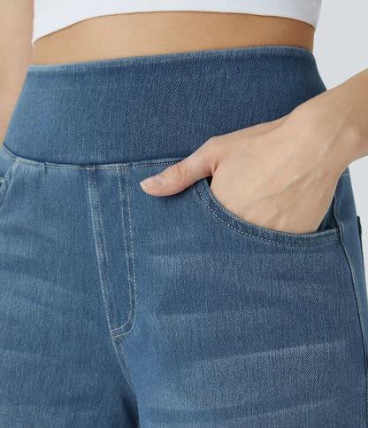 💝Last Day Promotion⚡High Waisted Multiple Pockets Baggy Wide Leg Washed Stretchy Knit Casual Jeans