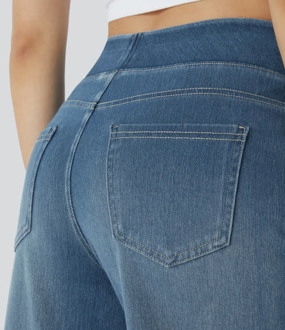 💝Last Day Promotion⚡High Waisted Multiple Pockets Baggy Wide Leg Washed Stretchy Knit Casual Jeans