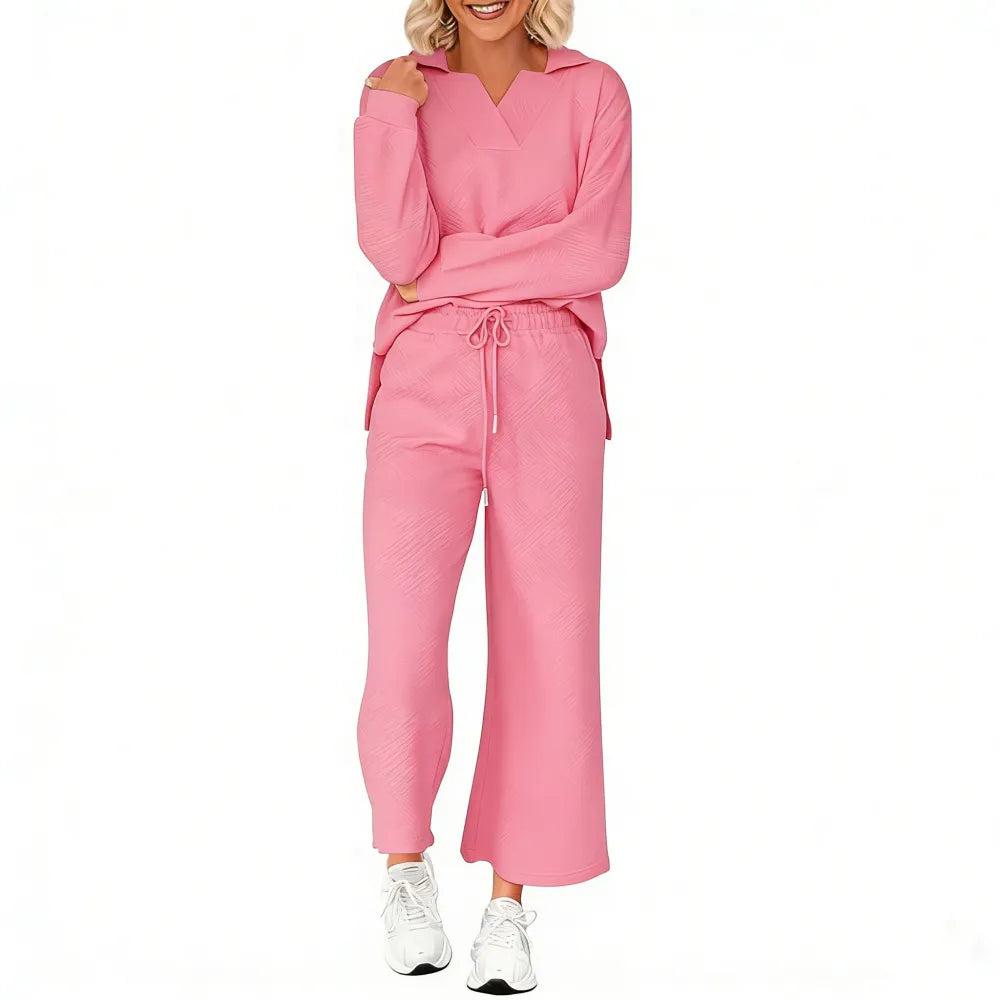 Women 2-Piece Outfit 2025 Fall Winter Lapel V Neck Long Sleeve Pullover and Wide Leg Pants Lounge Sets Pockets