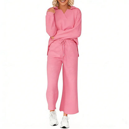 Women 2-Piece Outfit 2025 Fall Winter Lapel V Neck Long Sleeve Pullover and Wide Leg Pants Lounge Sets Pockets