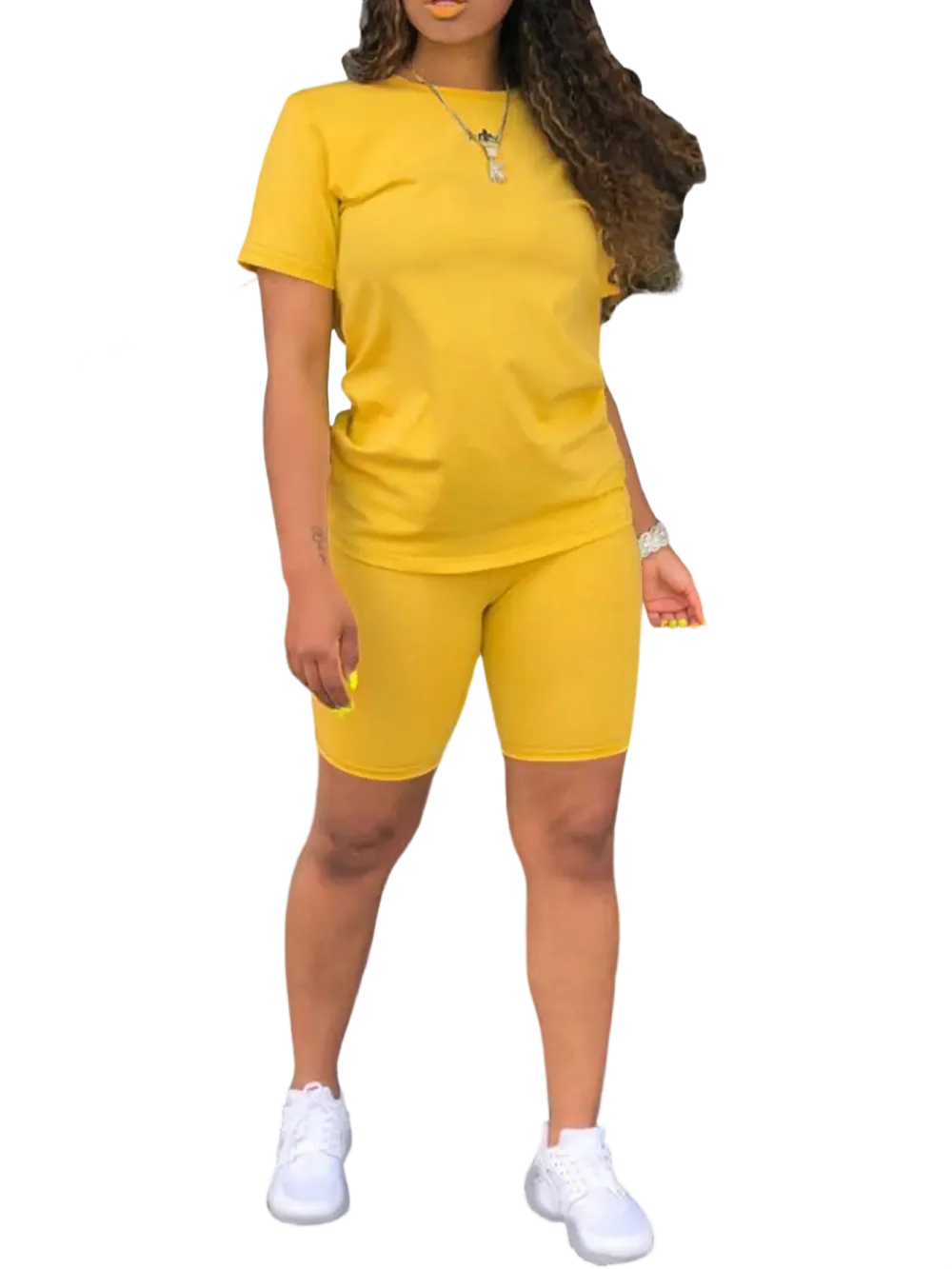 Women's 2-Piece Plain Set: Fitted Crew Neck Tee & Skinny Shorts, Casual Summer Outdoor Outfit