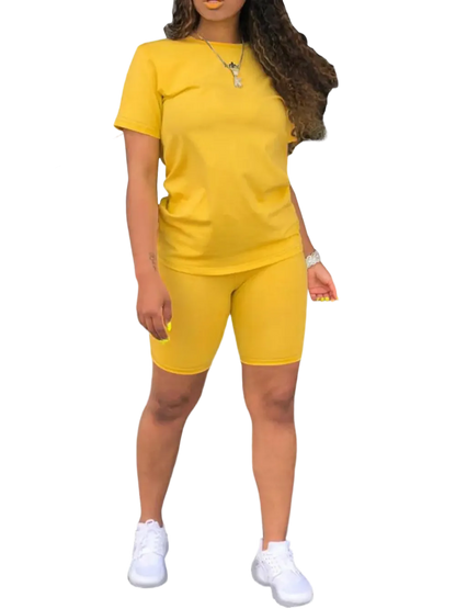 Women's 2-Piece Plain Set: Fitted Crew Neck Tee & Skinny Shorts, Casual Summer Outdoor Outfit