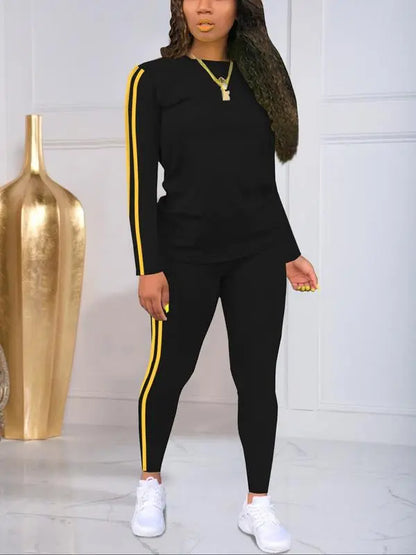 Women's Striped Print Long Sleeve & Pants Two-piece Set