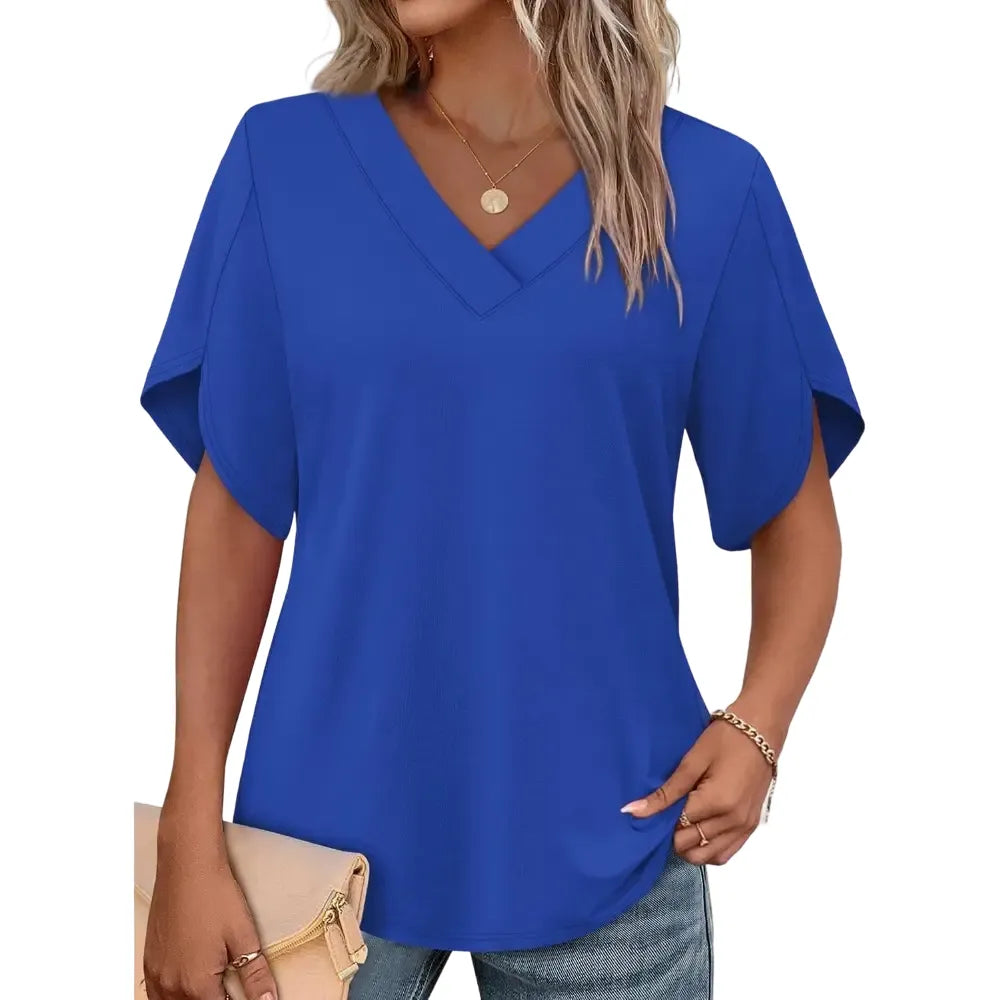 FASHION Womens Summer Tops Short Petal Sleeve Shirts V Neck Outfits Clothes