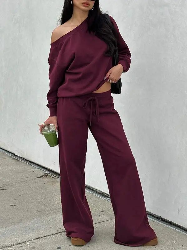 Women Off the Shoulder Long Sleeve Jumper & Pants 2 Piece Set Casual Fall Sweatsuit Outfits Jumper Suit
