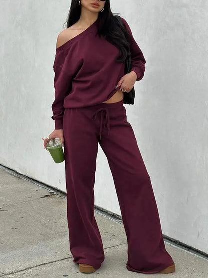 Women Off the Shoulder Long Sleeve Jumper & Pants 2 Piece Set Casual Fall Sweatsuit Outfits Jumper Suit