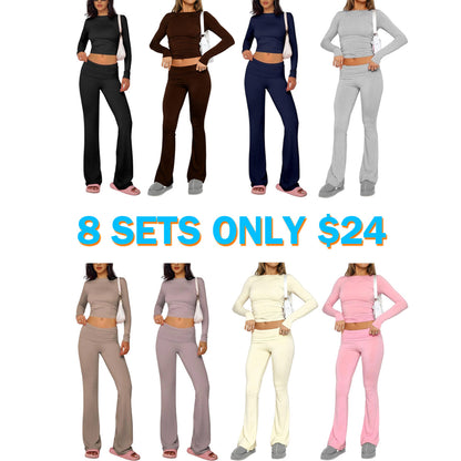 Women's Solid Long Sleeve Crop Tee & Flare Leg Skinny Pants Loungewear Set
