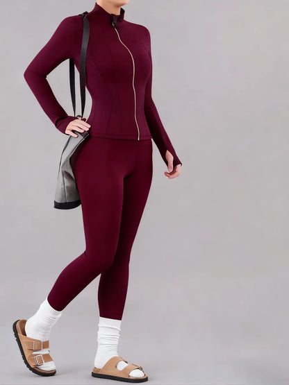 Solid Zip Up Jacket & High Waist Leggings Tracksuit Set