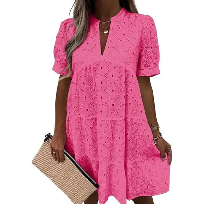 Women’s Summer Lace Dresses Eyelet Casual Flowy Babydoll Swing Short Sleeve V Neck Tunic Dress