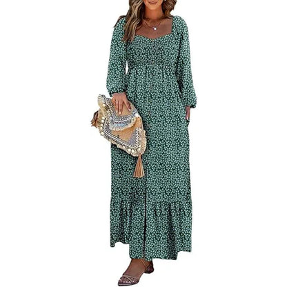 🔥2025 CRAZY DEAL🔥Spring Dresses for Women 2025 Boho Floral Smocked Square Neck Long Sleeve Button Down Beach Long Maxi Dress