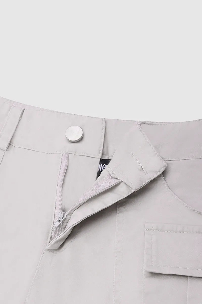Flap Pocket Roll Tab Hem Mid Waist Shorts