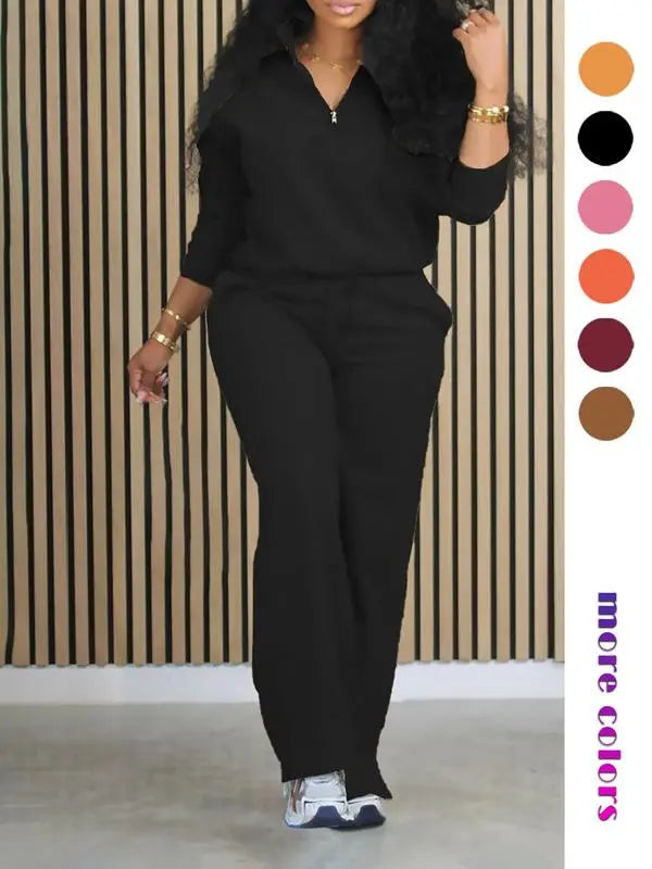 Women's Solid Casual Long Sleeve Top & Pocket Wide Leg