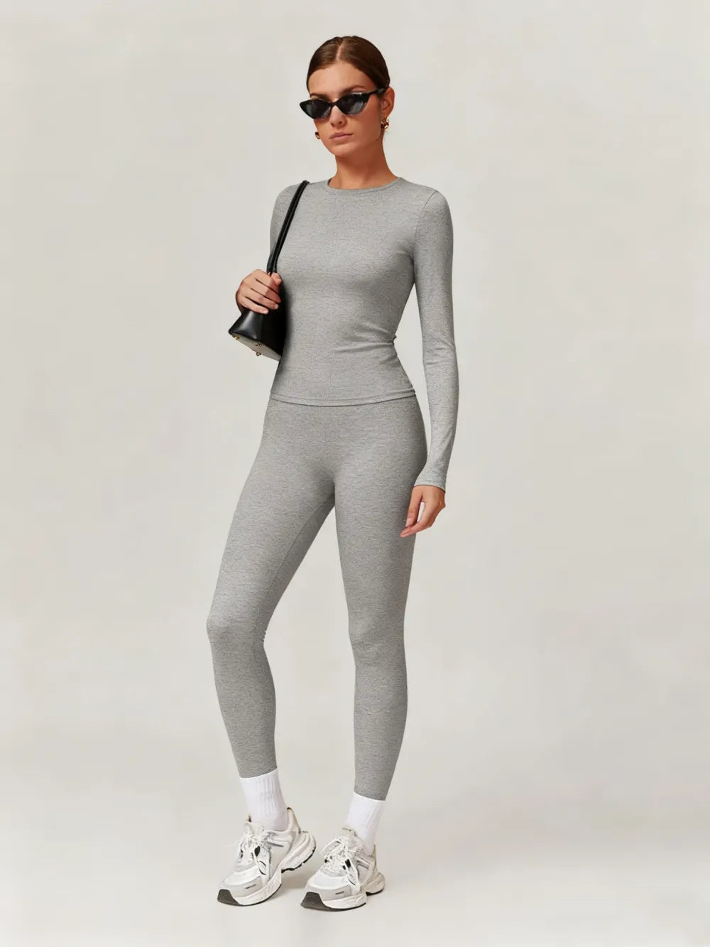 Women's Solid Long Sleeve Skinny & High Waist Leggings Tracksuit Set