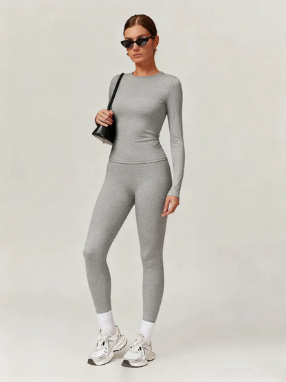 Women's Solid Long Sleeve Skinny & High Waist Leggings Tracksuit Set