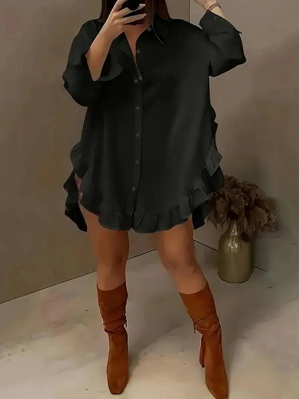 Women's Plain Ruffle Trim Button Front Blouse