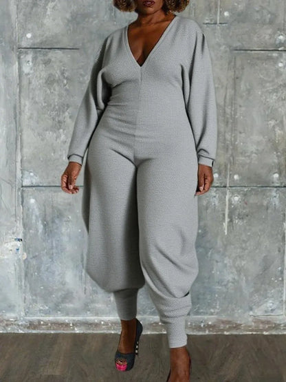 Women's Plain Bishop Sleeve Deep V Neck Jumpsuit