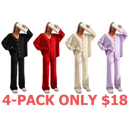 Women's Solid Button Front Drop Shoulder V Neck Cardigan & Elastic Waist Wide Leg