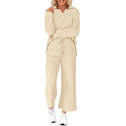 Women 2-Piece Outfit 2025 Fall Winter Lapel V Neck Long Sleeve Pullover and Wide Leg Pants Lounge Sets Pockets
