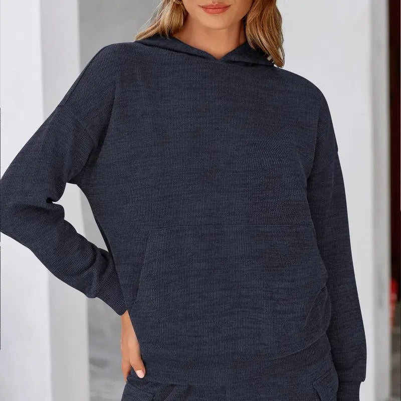 Womens Fall Outfit 2-Piece Knitted Sets Hoodie Tracksuits Wide Leg Pants With Pocket And DrawString Long Sleeve Hooded Kangoroo Pocket Tops Knitwear Sporty Loungwear, Womenswear Travel Outfit