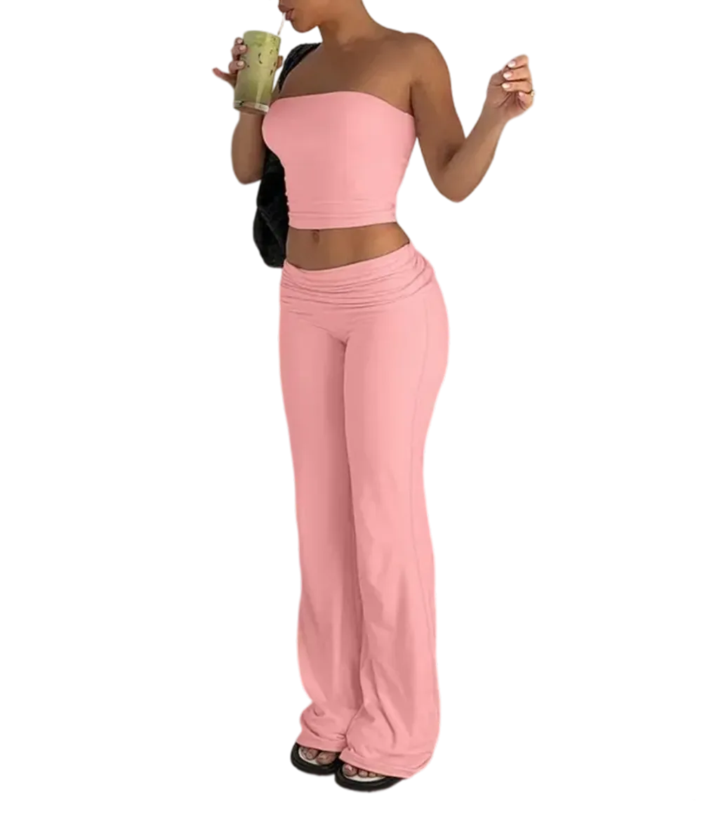 A two-piece set consisting of a cropped bandeau top and wide-leg pants.