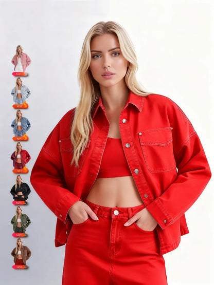 Women's Plain Button Front Drop Shoulder Curved Hem Denim Jacket