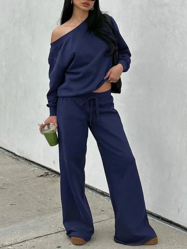 Women Off the Shoulder Long Sleeve Jumper & Pants 2 Piece Set Casual Fall Sweatsuit Outfits Jumper Suit