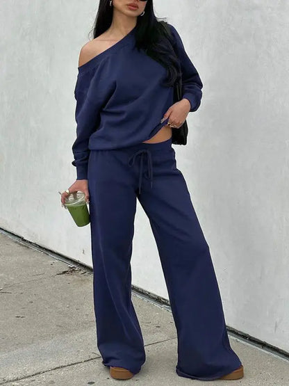 Women Off the Shoulder Long Sleeve Jumper & Pants 2 Piece Set Casual Fall Sweatsuit Outfits Jumper Suit