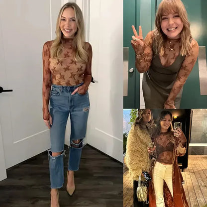 Women‘s Mesh Tops Lace Spring Long Sleeve Shirts