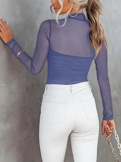 Women’s Long Sleeve Sheer Mesh Ruched Going Out Bodysuits Tops