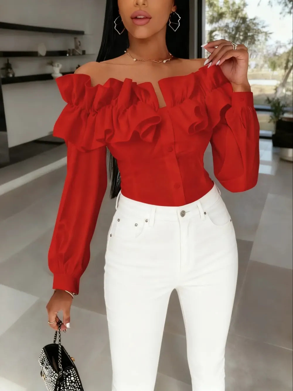 Women's Long Sleeve One Shoulder Ruffle Slim Fit Shirt Blouse