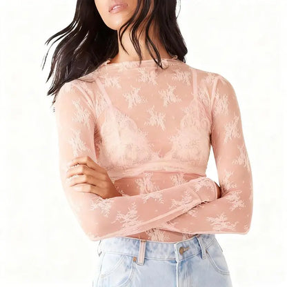 Women's Lace Blouse, Mesh Long-Sleeve Floral Lace Shirt