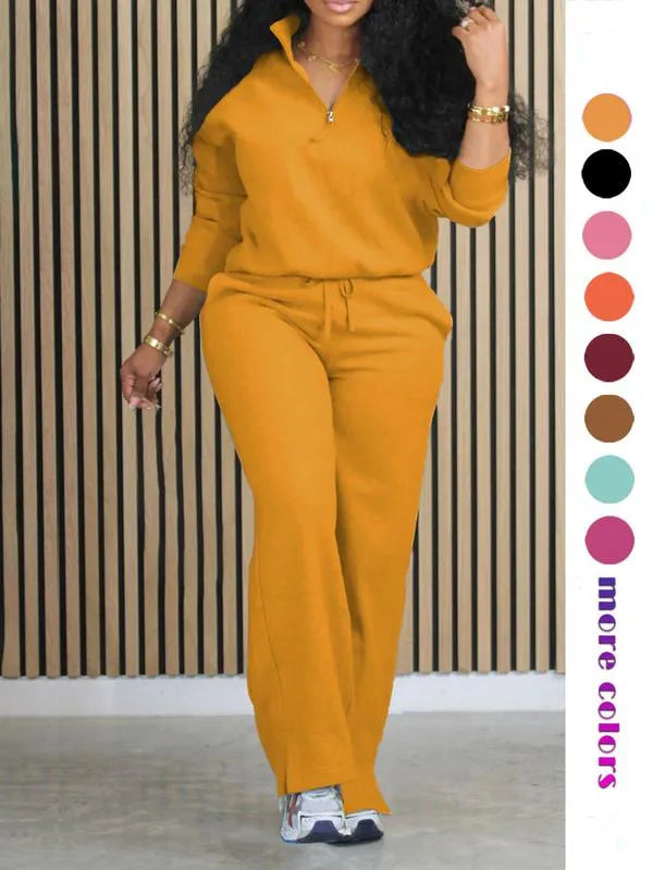 Women's Solid Casual Long Sleeve Top & Pocket Wide Leg