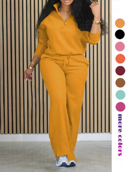 Women's Solid Casual Long Sleeve Top & Pocket Wide Leg