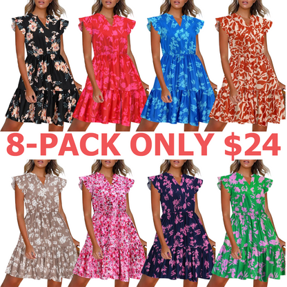 Women's Floral Printed Ruffle Sleeve Tiered Mini Dress