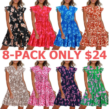 Women's Floral Printed Ruffle Sleeve Tiered Mini Dress