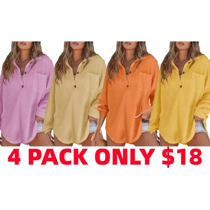 Women's Oversized Henley Waffle Shirts Tops