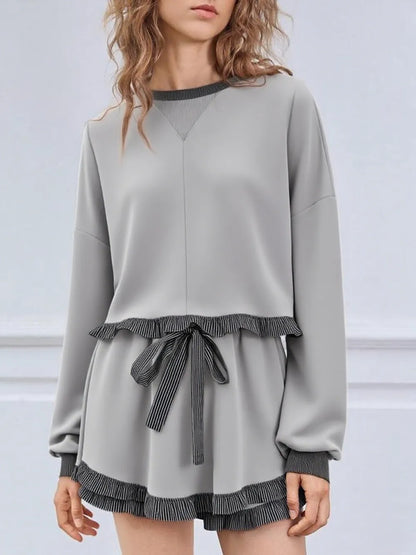 Women's 2 Piece Lounge Sets Ruffle Color Block Cropped Sweatshirts Casual Drawstring Shorts Fall Loose Sweatsuits