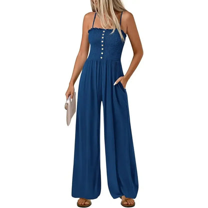 Jumpsuits for Women Summer Sleeveless Smocked Button Wide Leg Rompers