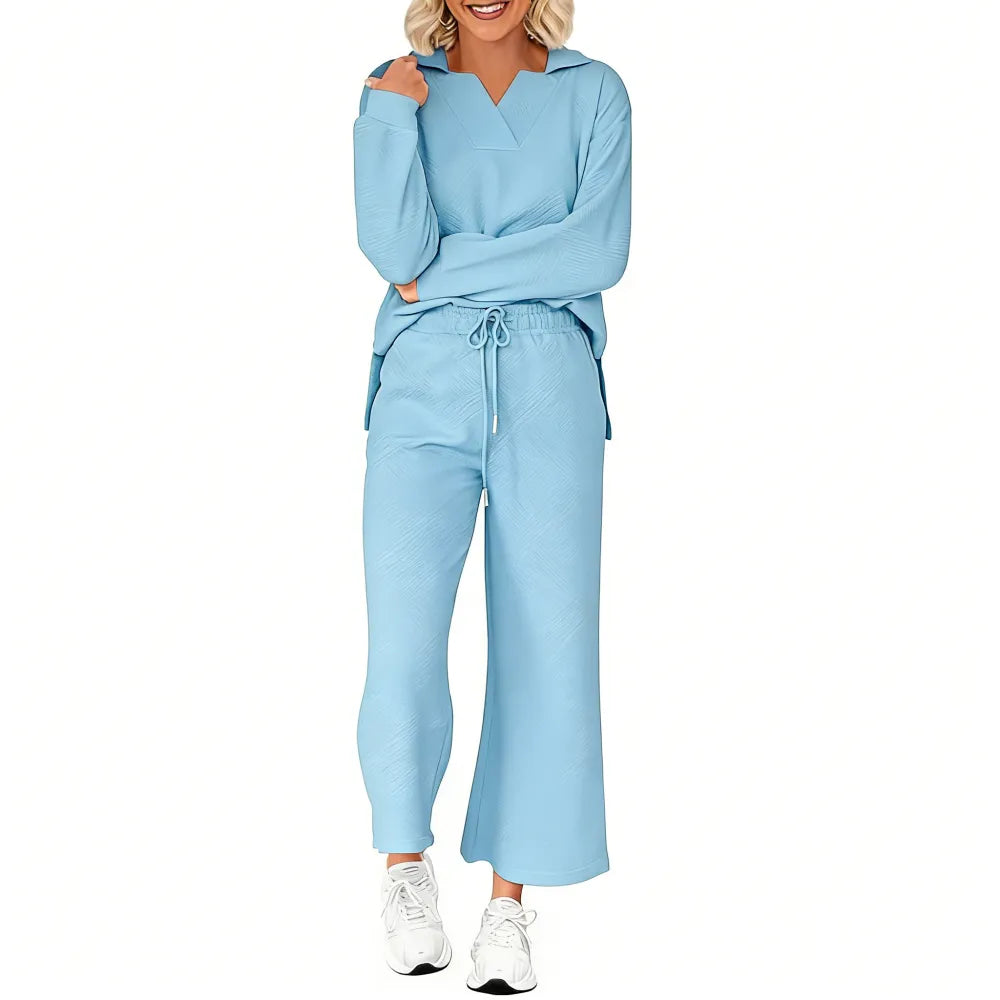 Women 2-Piece Outfit 2025 Fall Winter Lapel V Neck Long Sleeve Pullover and Wide Leg Pants Lounge Sets Pockets