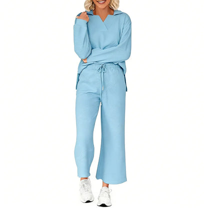 Women 2-Piece Outfit 2025 Fall Winter Lapel V Neck Long Sleeve Pullover and Wide Leg Pants Lounge Sets Pockets
