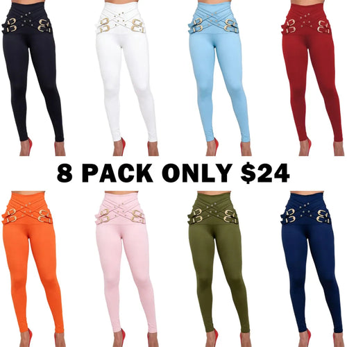 Women's Criss Cross Metal Buckle Decor High Waist Rise Leggings