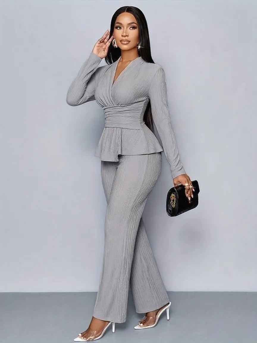 Women's Solid-Color Elegant V-Neck Long-Sleeve and Wide-Leg Pants Set