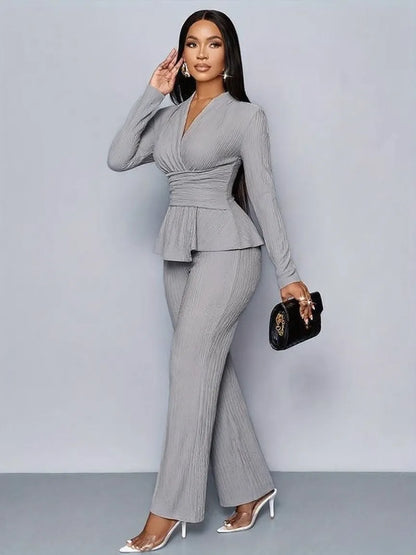 Women's Solid-Color Elegant V-Neck Long-Sleeve and Wide-Leg Pants Set