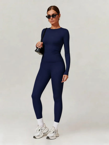 Women's Solid Long Sleeve Skinny & High Waist Leggings Tracksuit Set