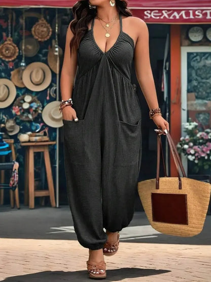 【Plus Size】 Solid Color Pocket Jumpsuit