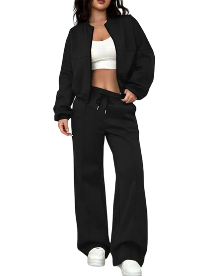 Two-piece Set Women's Solid Zip Up Drop Shoulder Jacket & Pocket Elastic Waist Pants