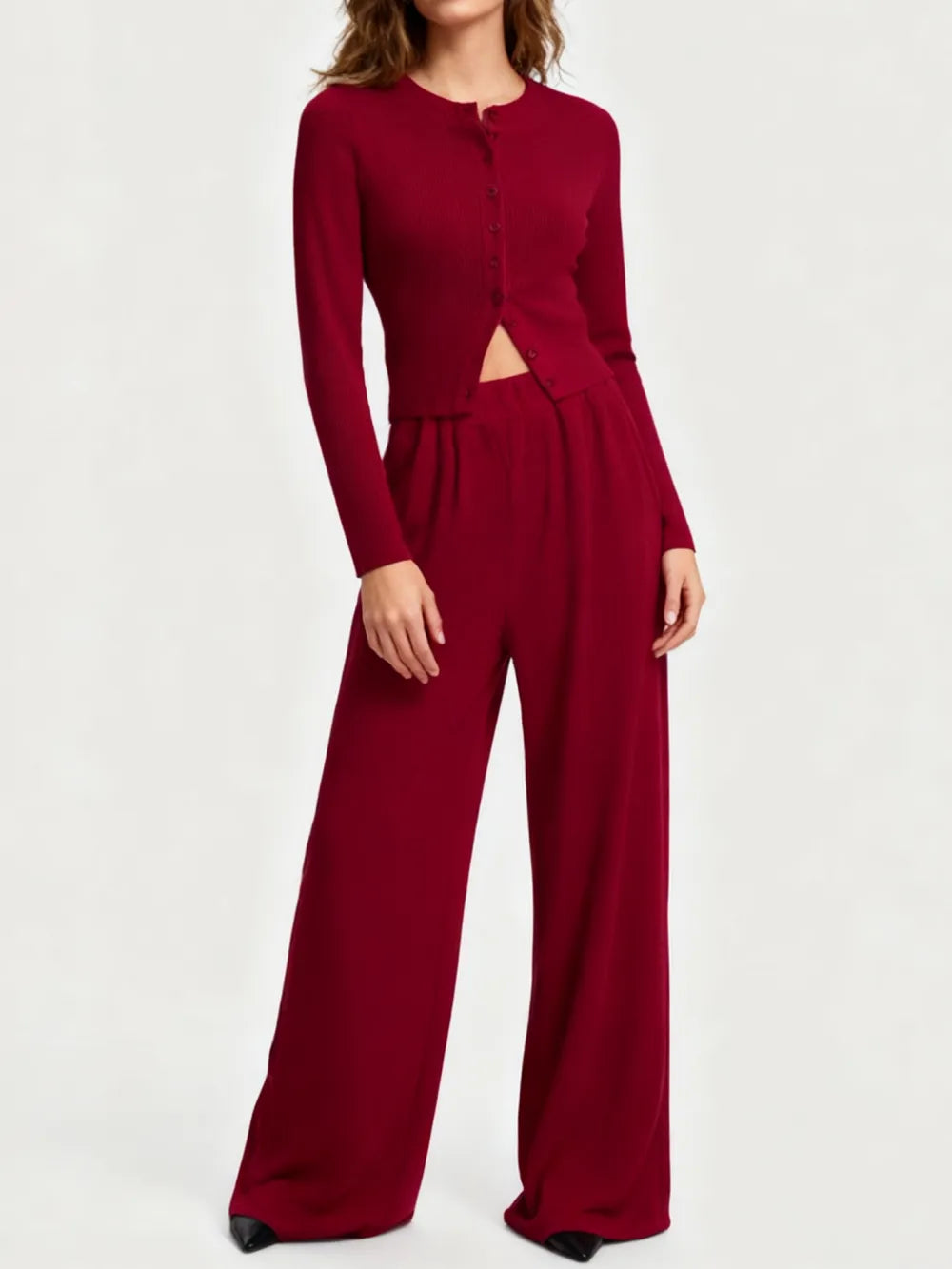 Women's Solid Button Front Ribbed Crop Top & Elastic Waist Pants 2 Piece Set
