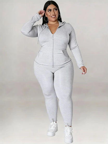 Women's Solid Color Hoodie Long Sleeve Top and Pants Sports Set